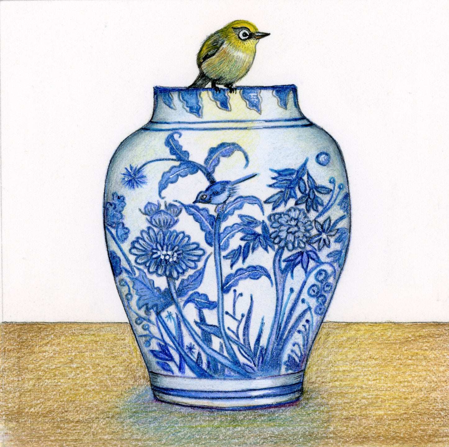 Silver Eye on blue & white china garden vase |  2021